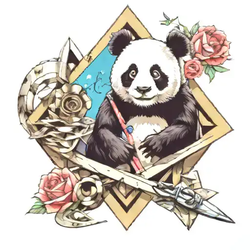 Panda In The Middle Of Scissors Paper Stone In Triangle