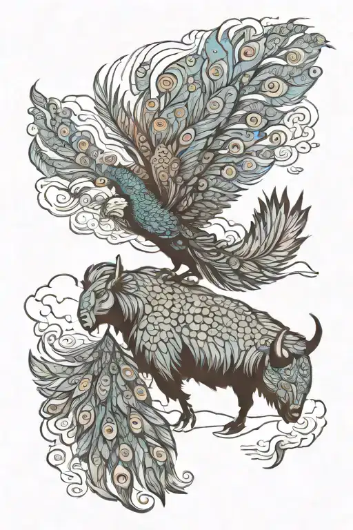 Buffalo In The Sky Riding A Peacock Feather