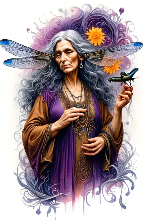 Wise Woman Crone With Grey Hair Holding Dragonfly