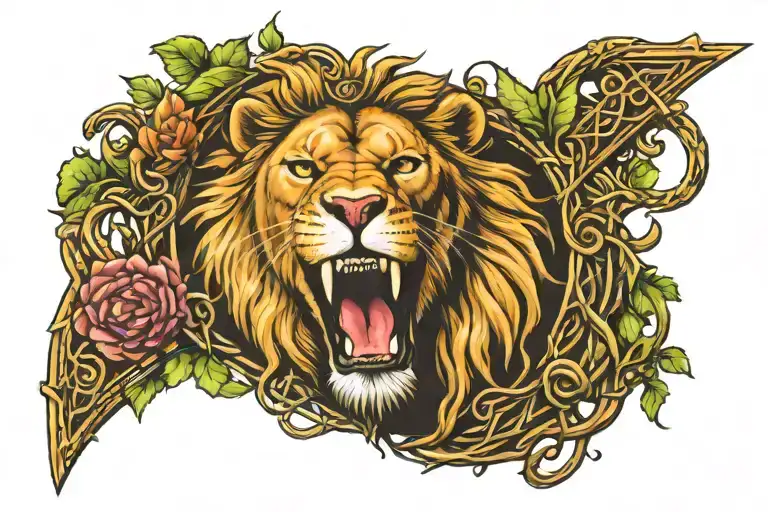 Lion Wearing A Crown Made Of Celtic Tree Of Life Tattoo Devouring The Cross With Jesus Christ