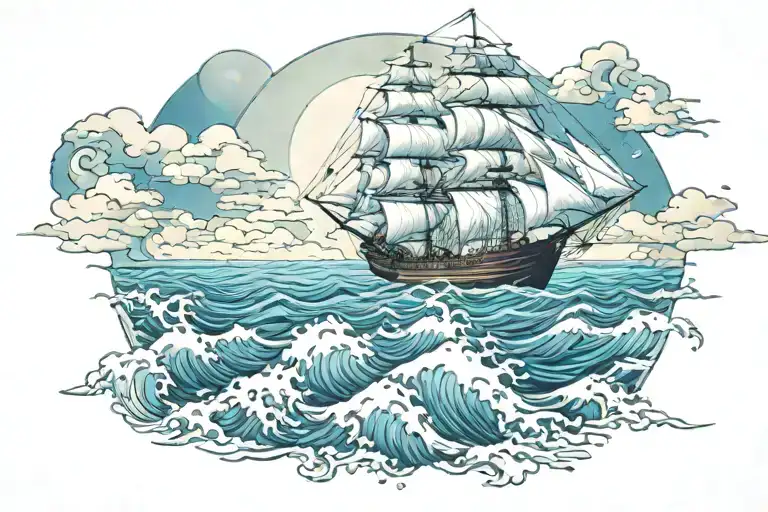 Ship Sailing In The Ocean With Blue Moon