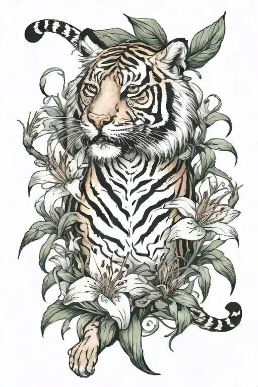 Strong Full Body Tiger Surrounded By Rough Looking Spider Lillies