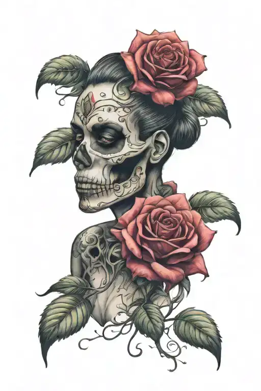 Female Face Roses Skull