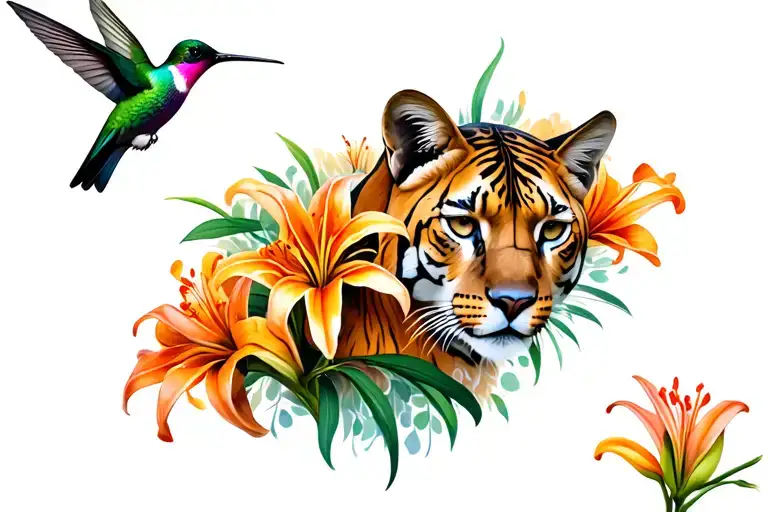 Hummingbird And Mountain Lion Surrounded By Tiger Lily