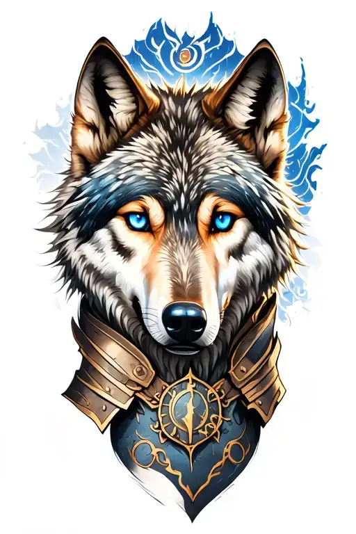 Wolf With Blue Eyes Looking Up On Armor Tattoo Design Featuring Goth