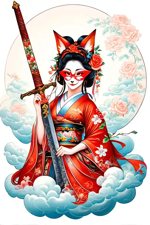 Beatiful Geisha With Long Rose Sword And Have A Fox Mask And Smiling On Cloud