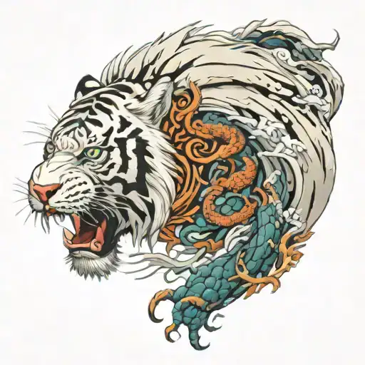 Angry White Tiger With Japanese Dragon Surrounding It