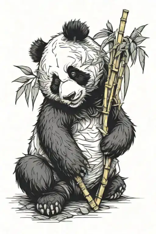 Panda Line Print With Bamboo