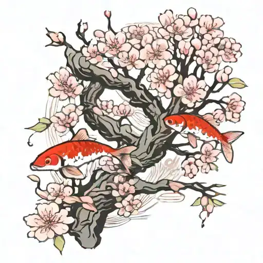 Cherry Blossom Tree With Koi Fish Swimming Around It