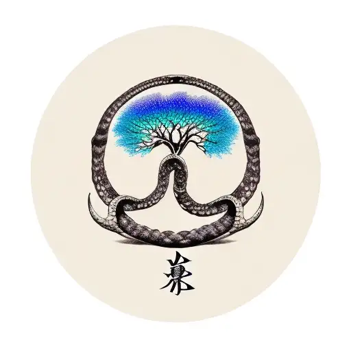 Japanese Calligraphy Ouroboros Sprouting Tree Of Life