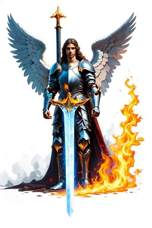 Guardian Angel In Full Armor With Flaming Sword