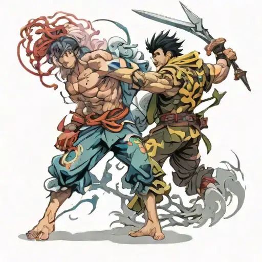 A Fierce Battle Scene Between Anime Characters Representing The Forces Of Nature