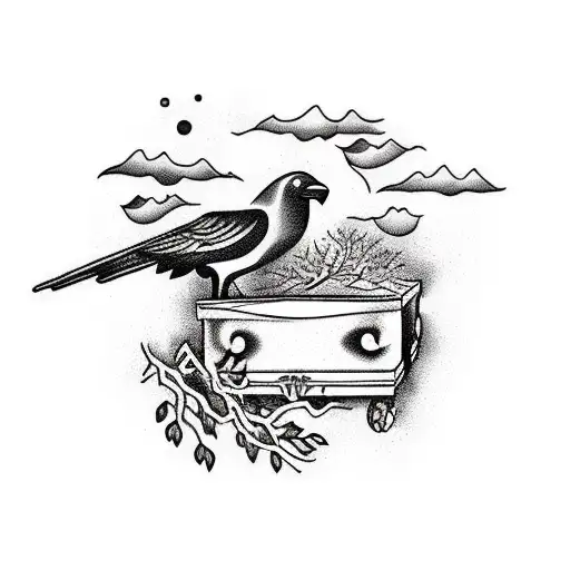 An Open Coffin With A Tree Of Crows Inside The Coffin