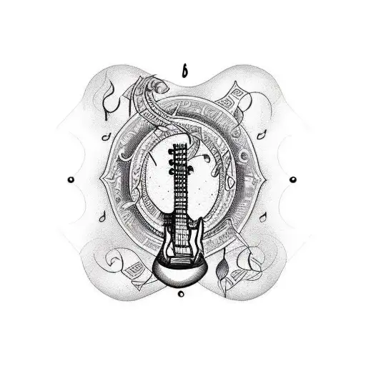 A Blackwork Tattoo Of A Guitar With Music Notes Flowing Out Of It