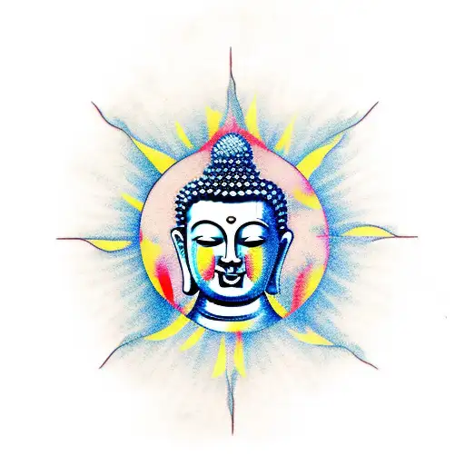 Buddha With Water Background And Sunrays