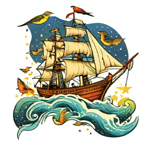 A Traditional Ship Sailing Through A Galaxy Filled With Colorful Birds
