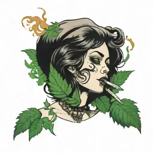 Gothic Woman Smoking A Blunt Surrounded By Weed Leaves
