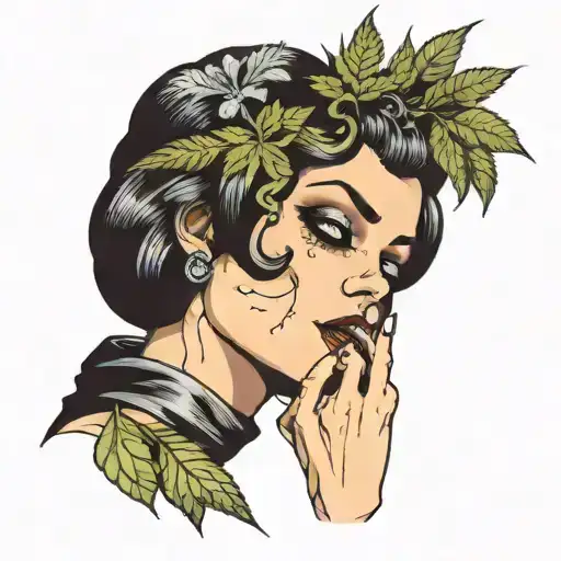 Gothic Woman Smoking A Blunt Surrounded By Weed Leaves