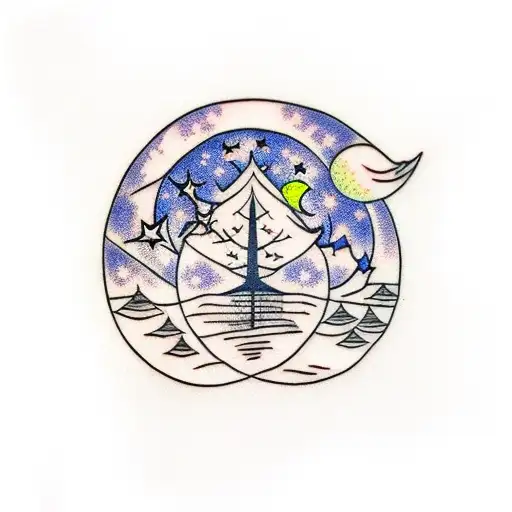 Big Tree In The Night Sky With A Moon And Shaped Stars