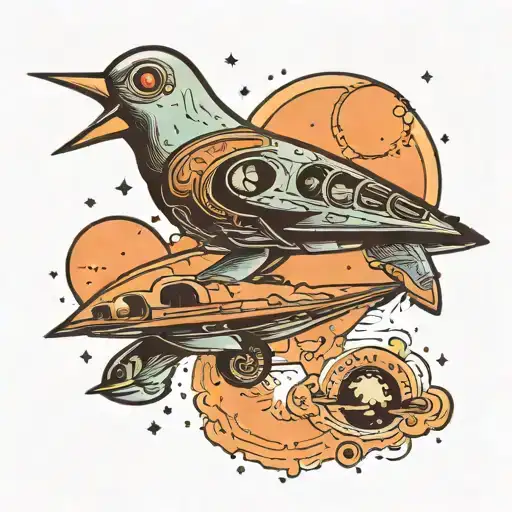 A Whimsical Scene Of A Spaceship Shaped Like A Bird Exploring The Universe