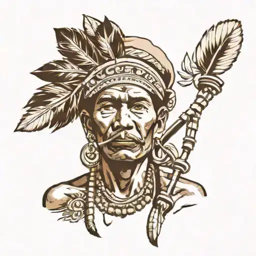 Indian Man With Pipe And Hous And Totem