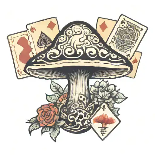 A Traditional Style Tattoo Of A Psychedelic Mushroom Surrounded By Playing Cards