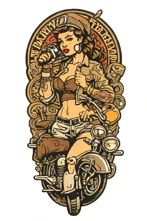 Pin Up Girl With Brown With A Grenade Pin In Her Mouth On A Harley Davidson