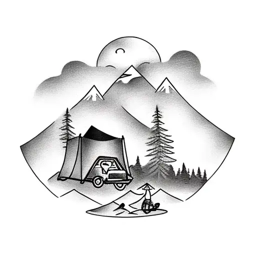 A Person Camping Along With His Motor Bike Near By A Steam In The Mountains Filled With Pine Trees