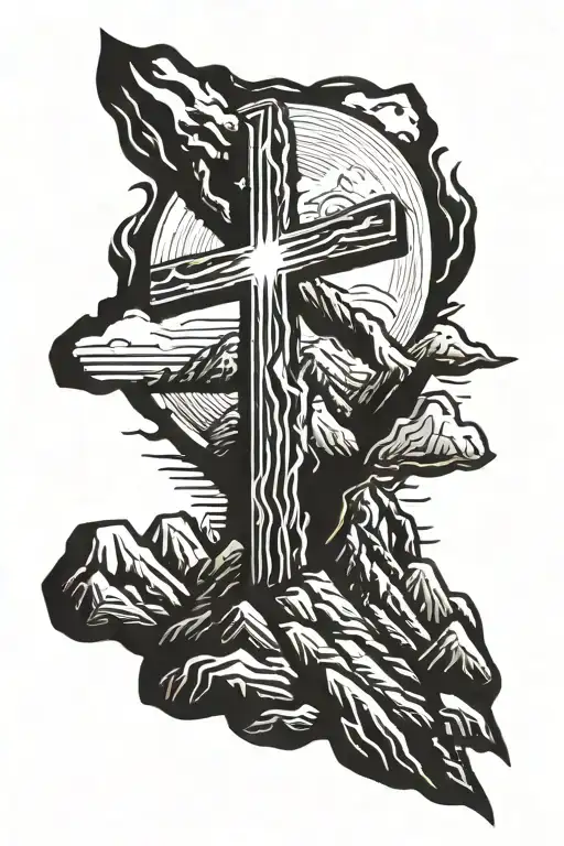 Cross On Mountain With Praying Hands