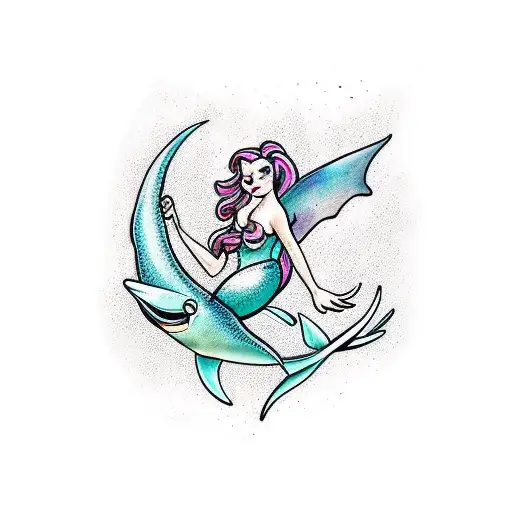 Mermaid Riding A Manta Ray Trying To Catch A Unicorn