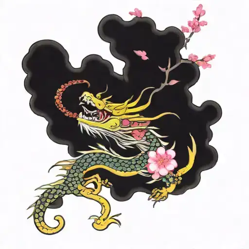 A Traditional Japanese Dragon Winding Its Way Around A Cherry Blossom Tree