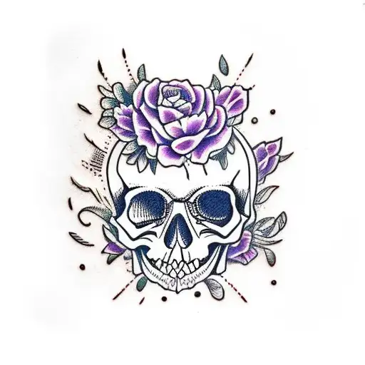 Skull With Purple Flowers And Butterly