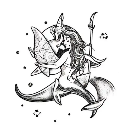 A Sketch-style Tattoo Of A Mermaid Riding A Manta Ray Trying To Catch A Unicorn