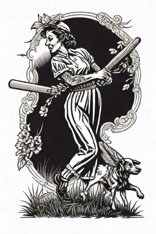A Traditional Style Tattoo Of A Woman Playing Cricket With Her Pet Dog Cheering Her On