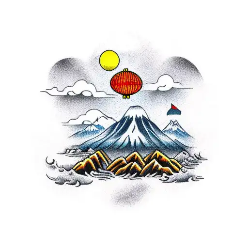 Chinese Tiger Sitting On A Beach With Volcano In Background