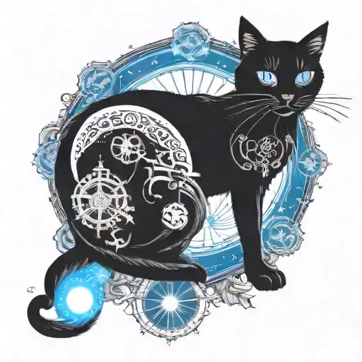 A Mysterious Black Cat With Glowing Blue Eyes Surrounded By Mystical Symbols And Celestial Elements