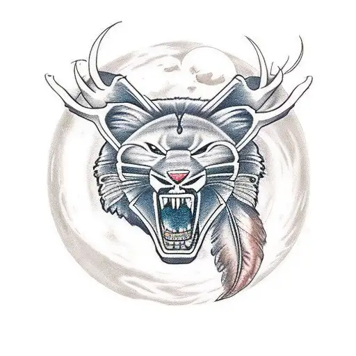 Smilodon With Moon And Feathers