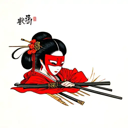 Geisha In A Red Mask Samurai Hiding The Floor