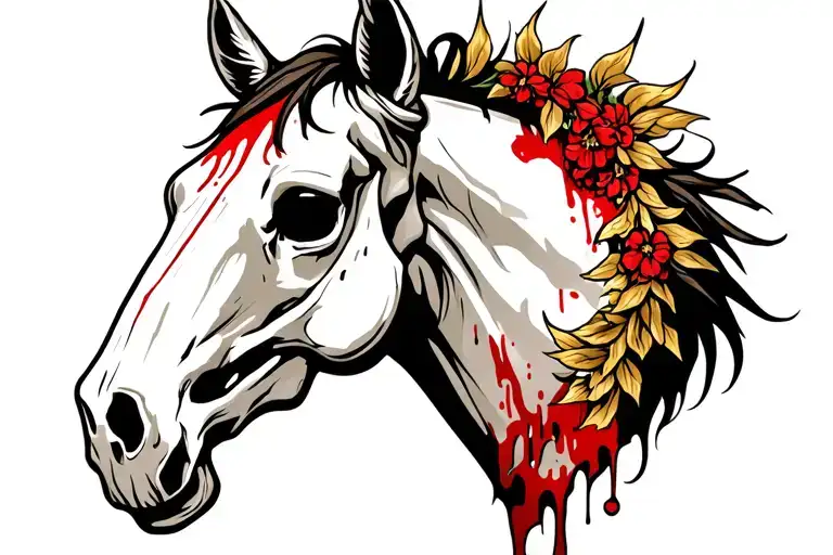 Bloody Horse Skull From Side View With No Hair With A Golden Garland Tattoo Design