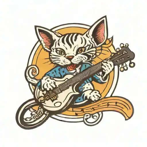 A Traditional Style Tattoo Of A Cat Playing A Musical Instrument Under A Sun