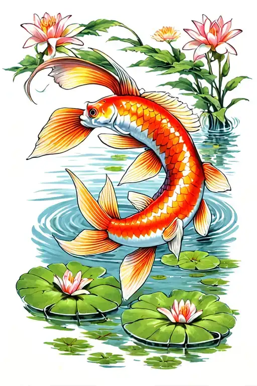 Pretty Coy Fish Swimming In Lily Pond From A Birds Eye View