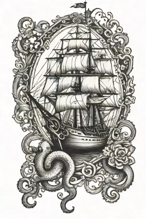 Ship In Ornate Frame With Octopus Coming Out Of Frame