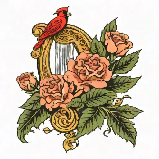 Harp Of Erin With A Cardinal And Wreath Of Carnations