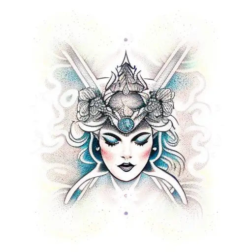 A Mystical Goddess Merging With The Elements Of Nature In A Dotwork Style