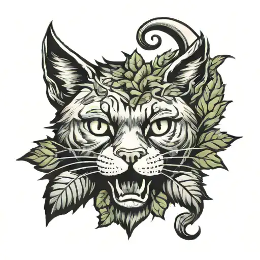 Head Of A Dometic Cat With Bull Horns Covered By Poison Ivy