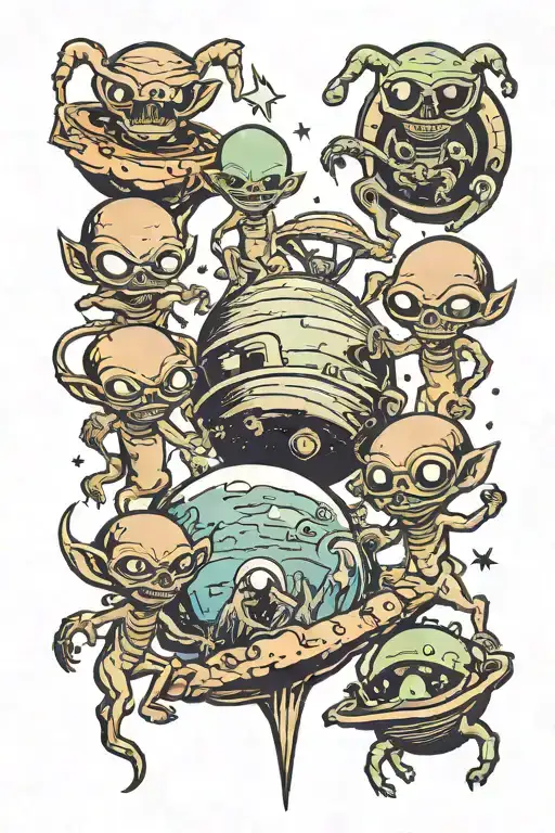 A Traditional Style Tattoo Of A Group Of Aliens Exploring A Mysterious Planet