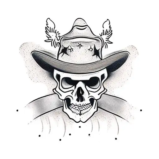 Forward Facing Cowboy Skull With A Hat And A Long Wrap Around Bandanna