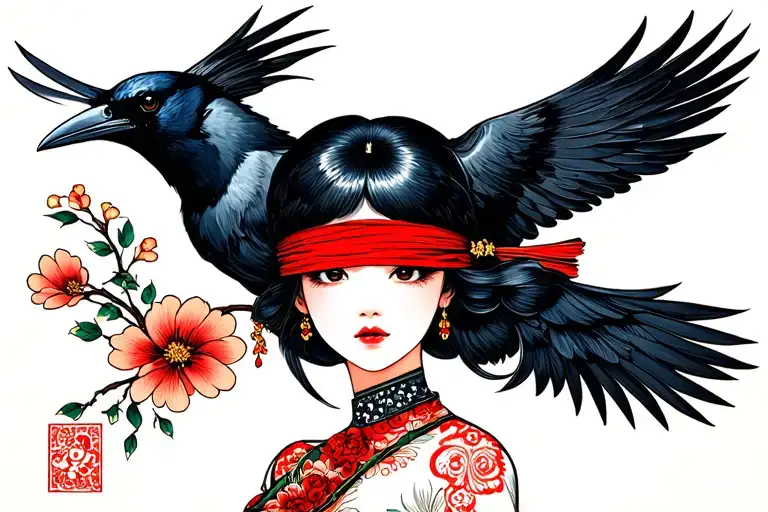 A Japanise Girl With Blindfolded And Dark Crow