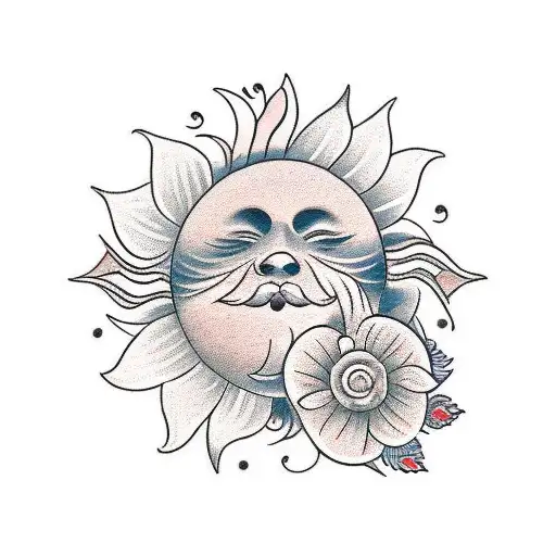 A Traditional Style Tattoo Featuring A Sun Surrounded By A Wreath Of Flowers And Butterflies