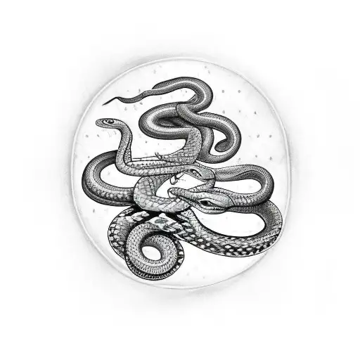 2 Snakes Intertwined And Biting An Apple While Surrounded By A Ring Of Flowers